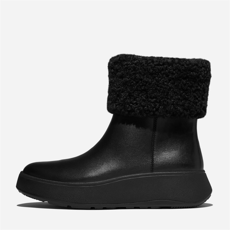 FitFlop Womens F-Mode Shearling Collar Zip Up Ankle Boots All Black