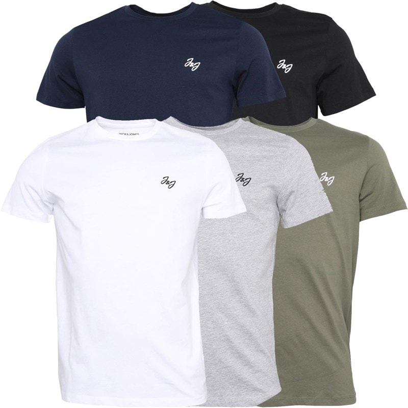 JACK & JONES Mens Joseph Five Pack T-Shirts Navy/White/Grey/Dusty Olive/Black