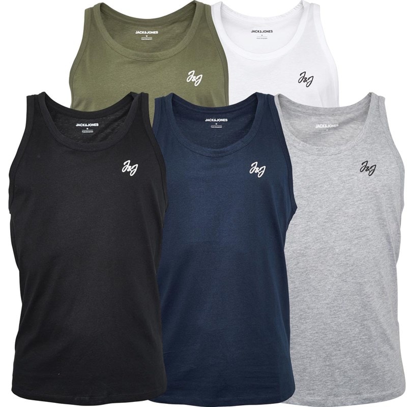 JACK & JONES Mens Joseph Five Pack Vests Navy/White/Grey/Khaki/Black