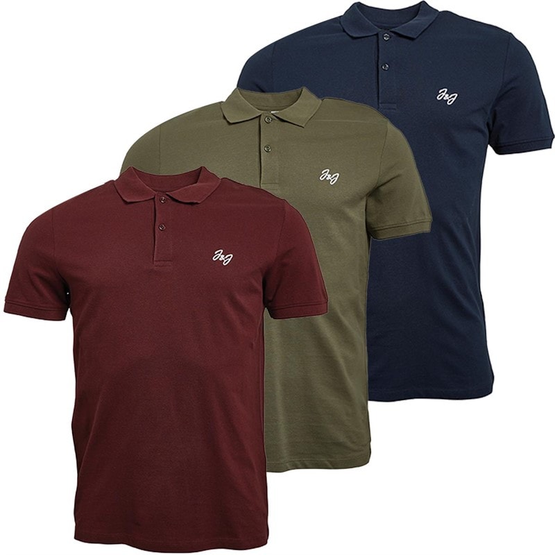 JACK & JONES Mens Joseph Three Pack Polo Shirts Navy/Khaki/Burgundy