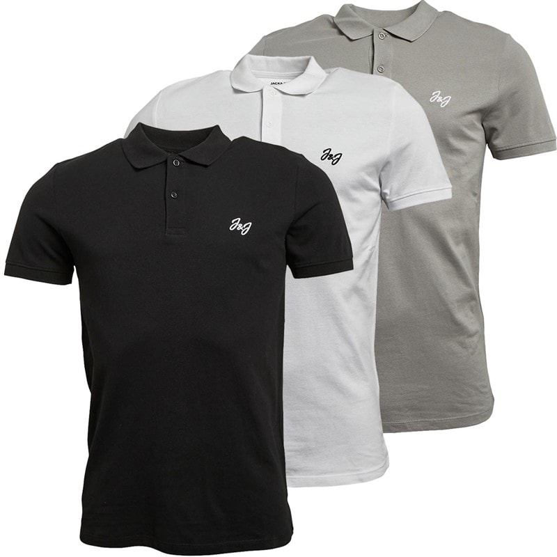 JACK & JONES Mens Joseph Three Pack Polo Shirts White/Black/Grey
