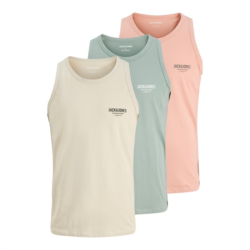 JACK & JONES Mens Jeff Orion Three Pack Vests Iceberg Green/Coral Almond/Moonbeam
