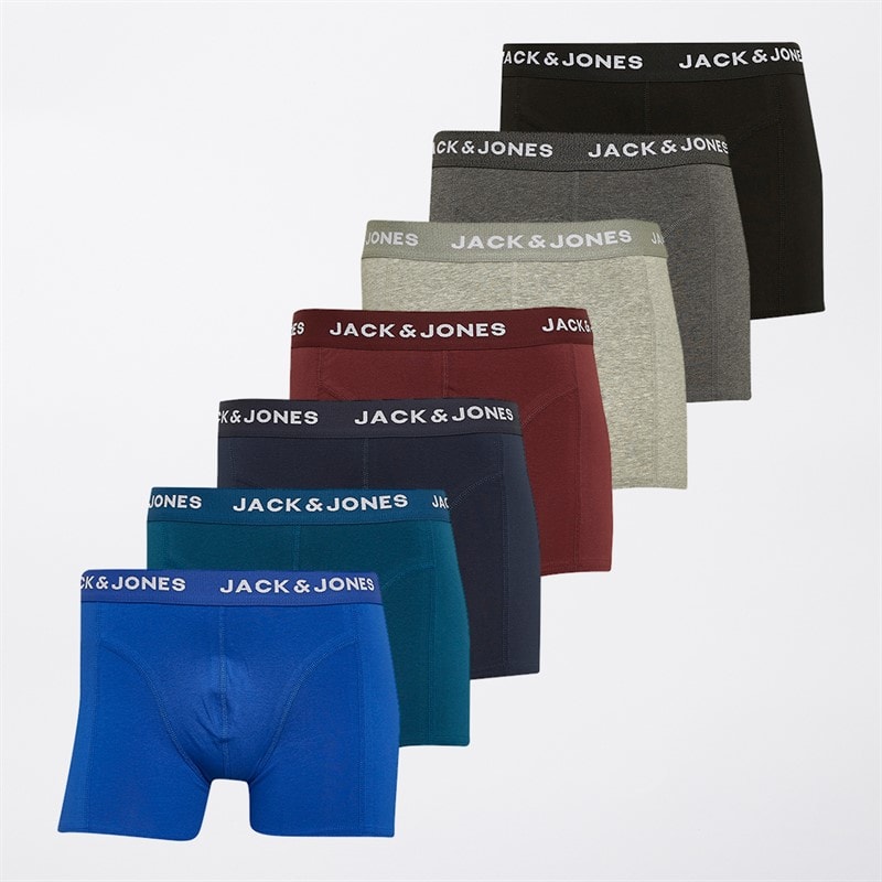 JACK & JONES Mens Matheo Solid Seven Pack Boxer Trunks Black/Navy Blazer/Dark Grey Melange/Surf The Web/Light Grey Melange/Poseidon/Port Royale