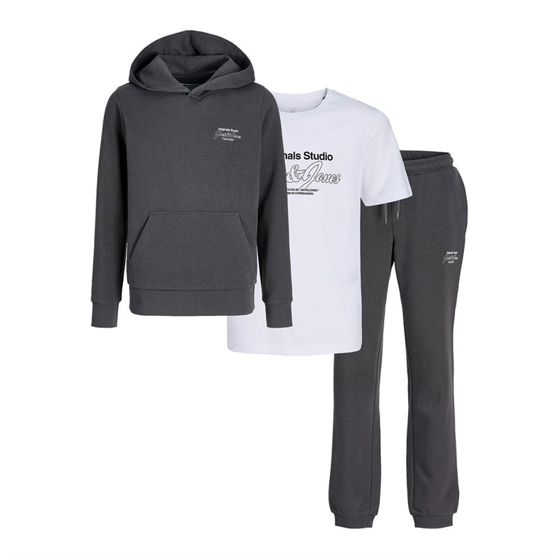 JACK & JONES Boys Niko Hood Three Piece Tracksuit And T-Shirt Set Asphalt/White