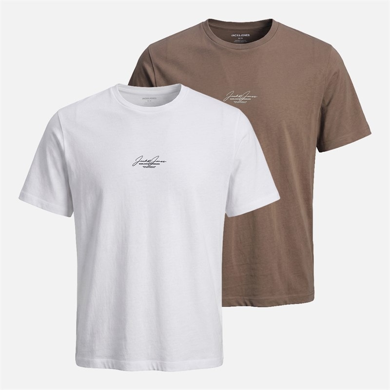 JACK & JONES Mens Cover Script Two Pack Relaxed T-Shirts White/Falcon