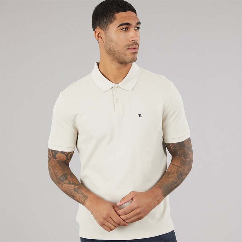 Calvin Klein Jeans Mens Short Sleeve Monogram Pique Polo Shirt Oatmeal