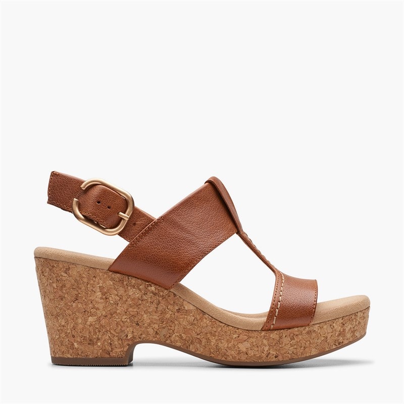 Clarks Womens Giselle Style Wedge Sandals Tan Leather