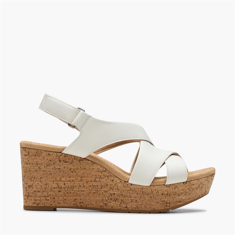 Clarks Womens Rose Style Wedge Sandals White Leather