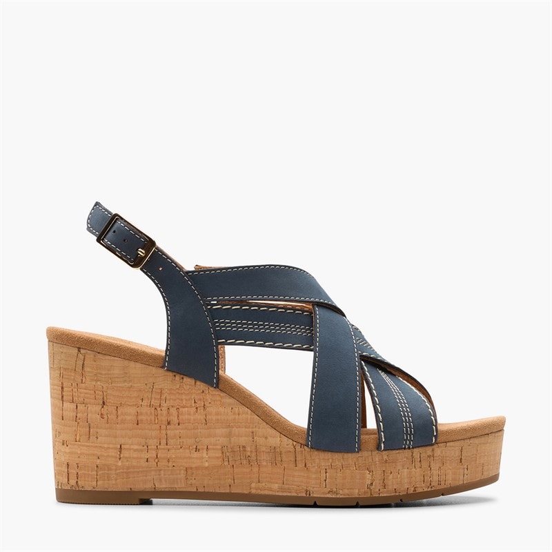 Clarks Womens Sabina Sling Back Wedge Sandals Navy Nubuck