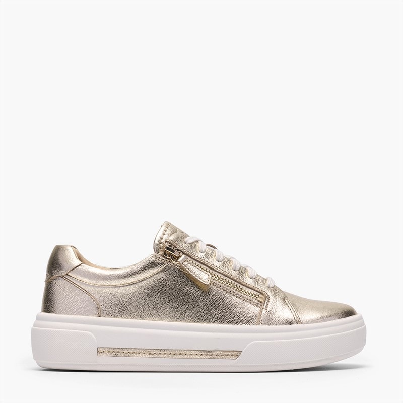 Clarks Womens Hollyrose Zip Trainers Gold Leather