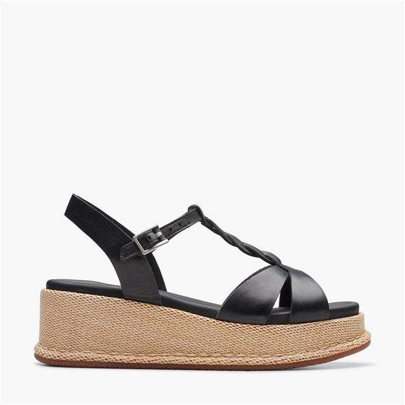 Clarks Womens Calenne Lily Wedge Sandals Black Leather