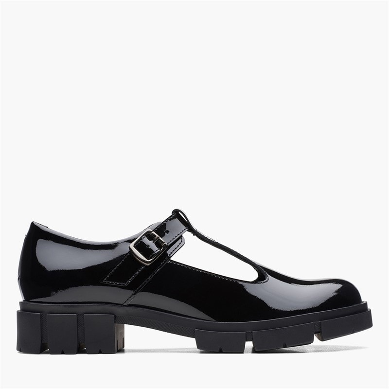 Clarks Womens Teala T-Bar Shoes Black Patent