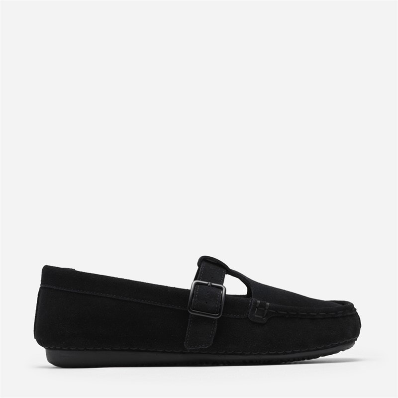 Clarks Womens Freckle T-Bar Loafers Black Suede