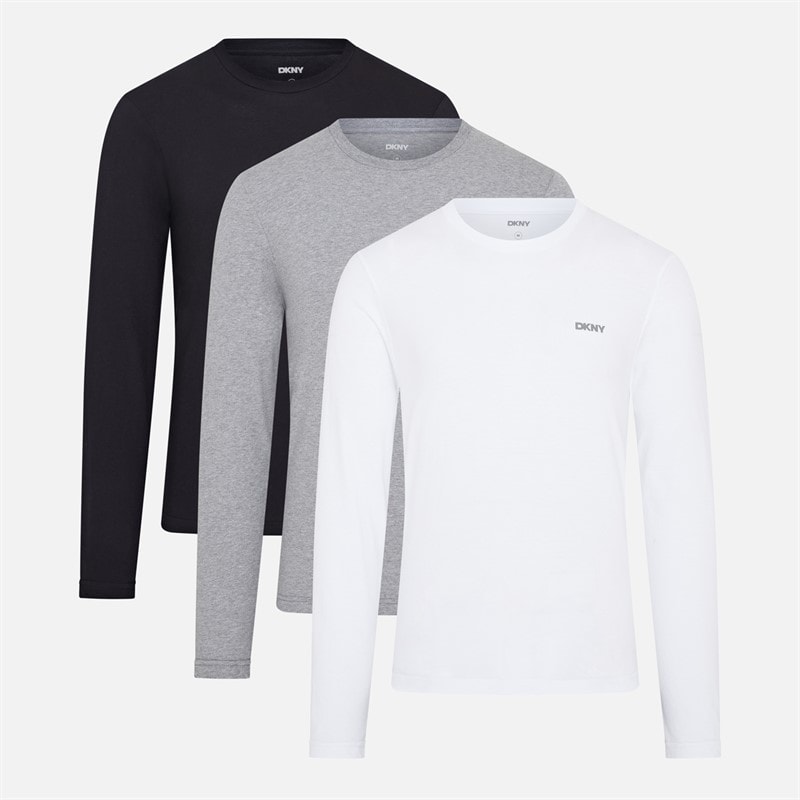 DKNY Mens Warrior Three Pack Long Sleeve Tops White/Light Grey Marl/Black
