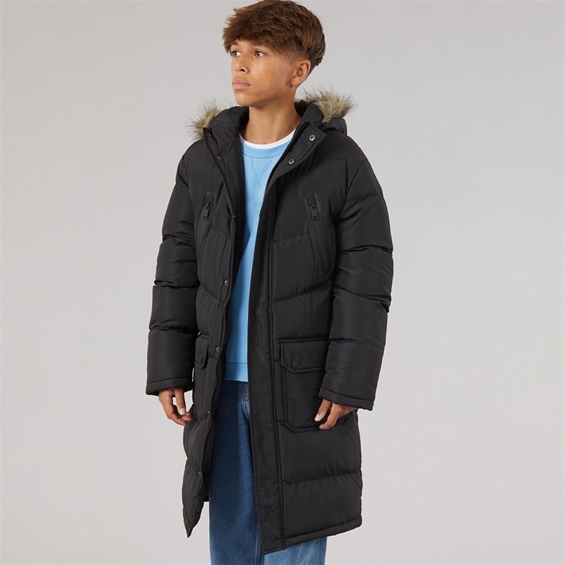Kangaroo Poo Boys Longline Faux Fur Trim Hooded Coat Black