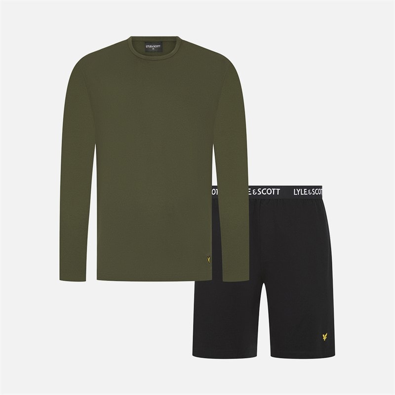 Lyle And Scott Vintage Mens Hugo Long Sleeve Top And Shorts Lounge Set Climbing Ivy/Black