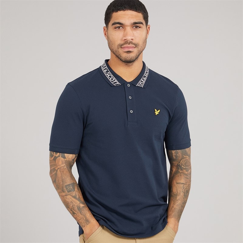 Lyle And Scott Vintage Mens Logo Ribbed Polo Shirt Y070 Dark Navy/Bone White