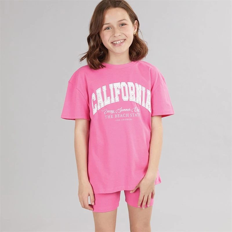 MINOTI Girls T-Shirt And Shorts Co-Ord Set Neon Coral