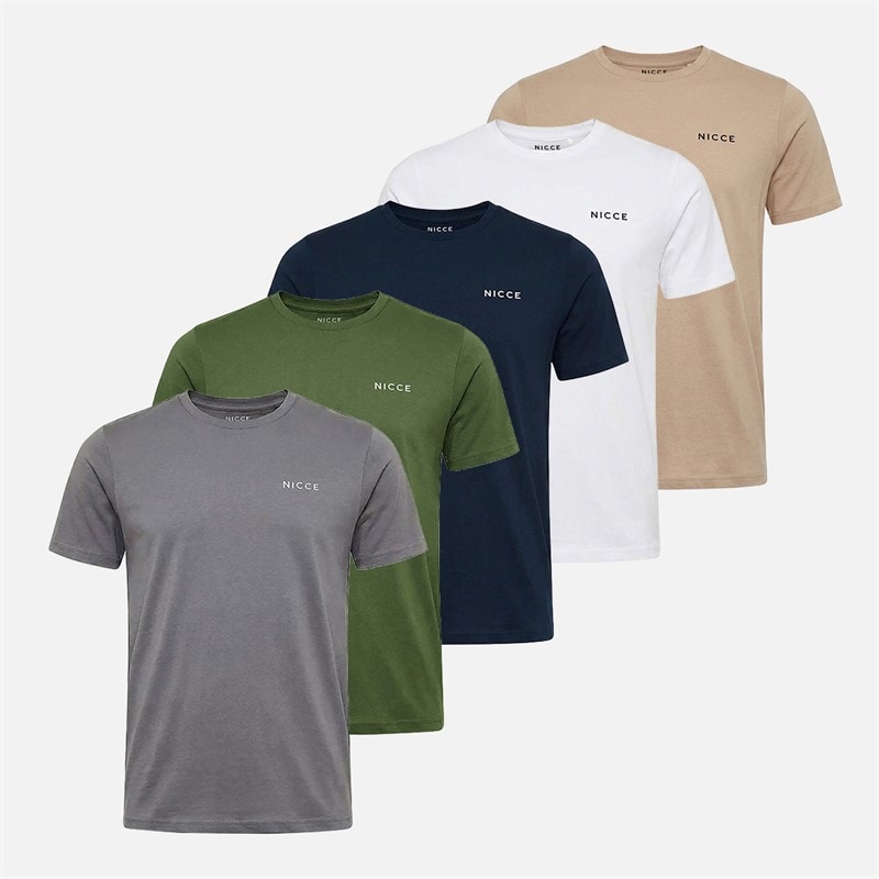NICCE Mens Bardwell Five Pack T-Shirts Dark Stone/Steel Grey/White/Navy/Khaki