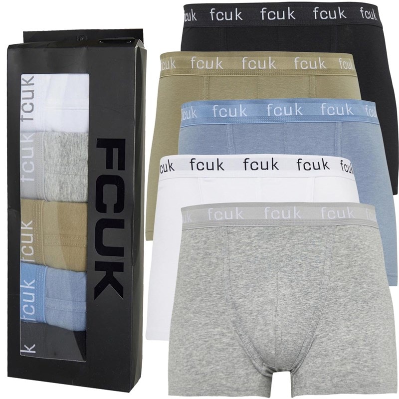 French Connection Mens FCUK Five Pack Boxers FCUK21-Black/Light Blue/Light Khaki/Grey/White