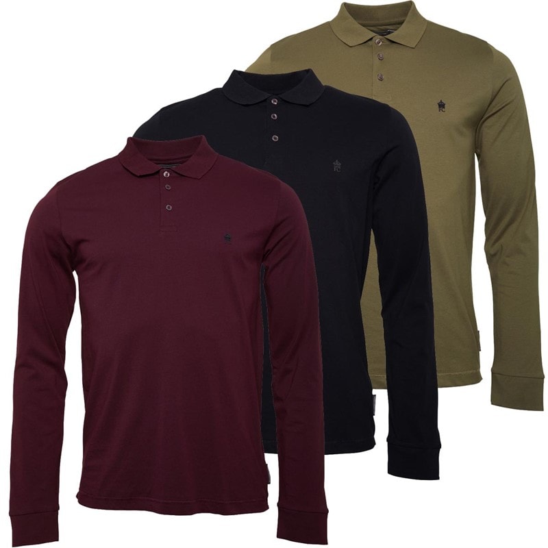 French Connection Mens Three Pack Long Sleeve Polo Shirts Multi 2 - Marine/Khaki/Chateaux