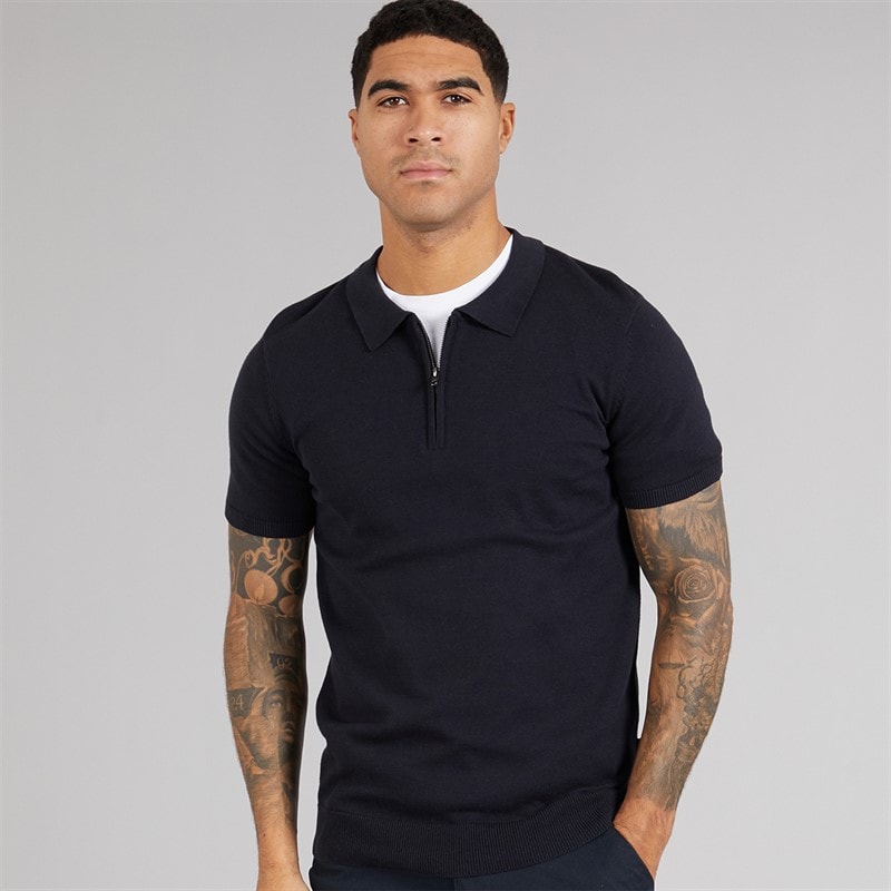 French Connection Mens Short Sleeve Cotton Zip Knit Polo Shirt Marine