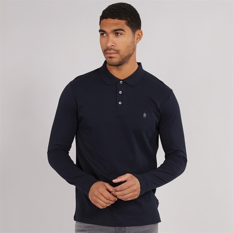 French Connection Mens Long Sleeve J Polo Shirt Marine/Gunmetal