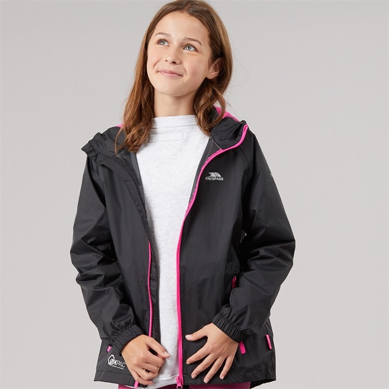 Trespass Girls Qikpac Waterproof Jacket Black/Pink