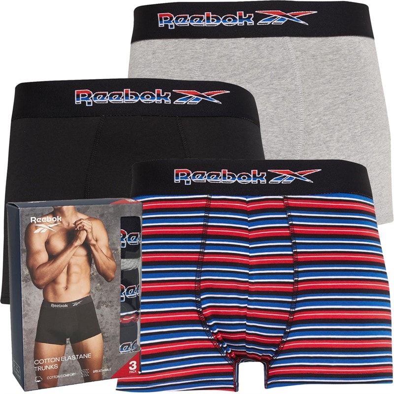 Reebok Mens Artie Three Pack Cotton Trunks Grey Marl/Black/Red Stripe