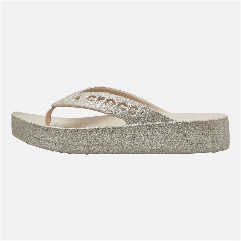 Crocs Womens Baya Platform Glitter Flip Flops Stucco
