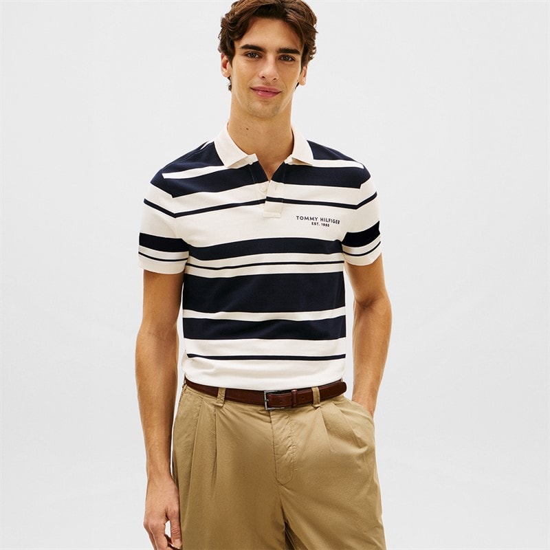 Tommy Hilfiger Mens Pique Multi Stripe Polo Shirt Ivory Petal/Desert Sky