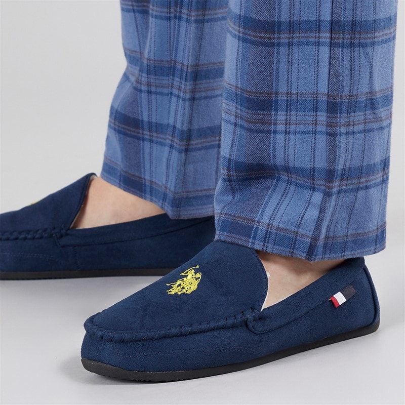 U.S. POLO ASSN. Mens Miky Moccasin Slippers Navy/Gold