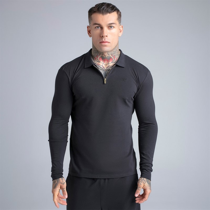 SikSilk Mens Long Sleeve Zip Polo Shirt Black